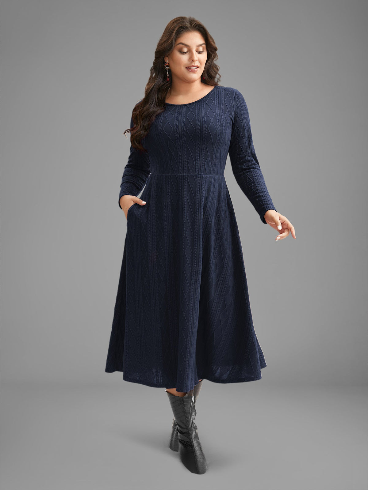 Textured Knit Fit-And-Flare Midi Dress