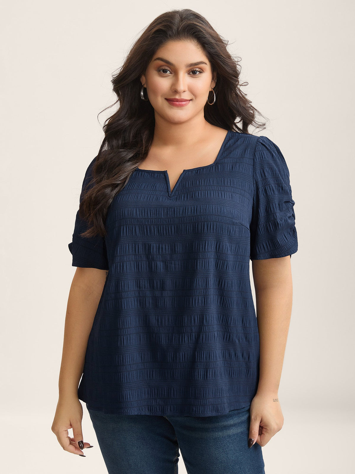 Textured Gathered Sleeve Split Neck Blouse