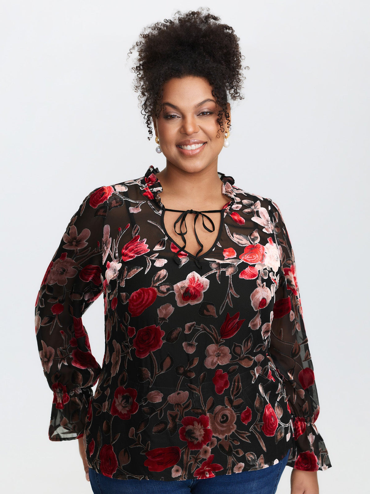 Flock Floral Ruffled Cuff Blouse