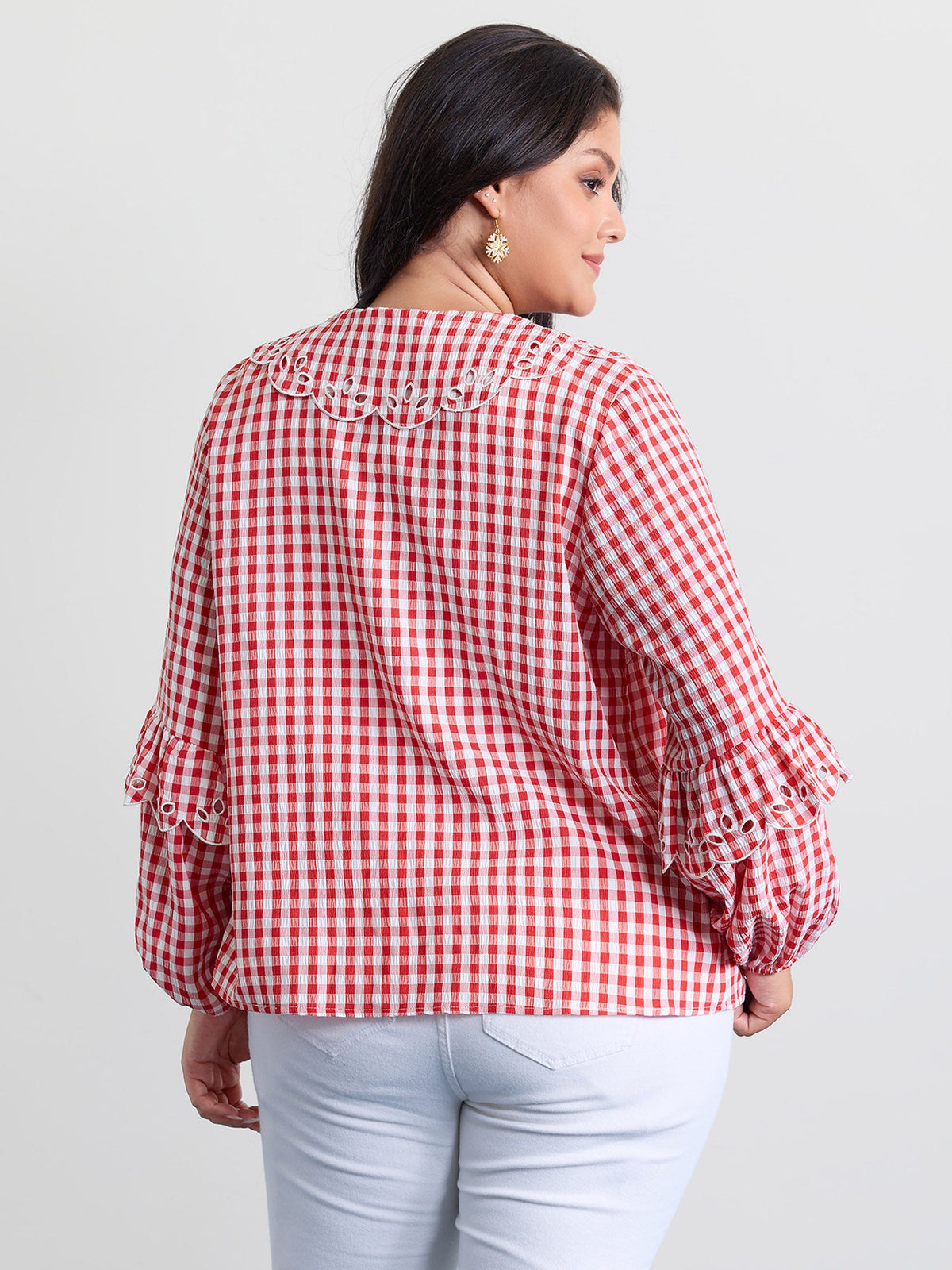 Gingham Embroidered Bow Tie Open-Front Shirt