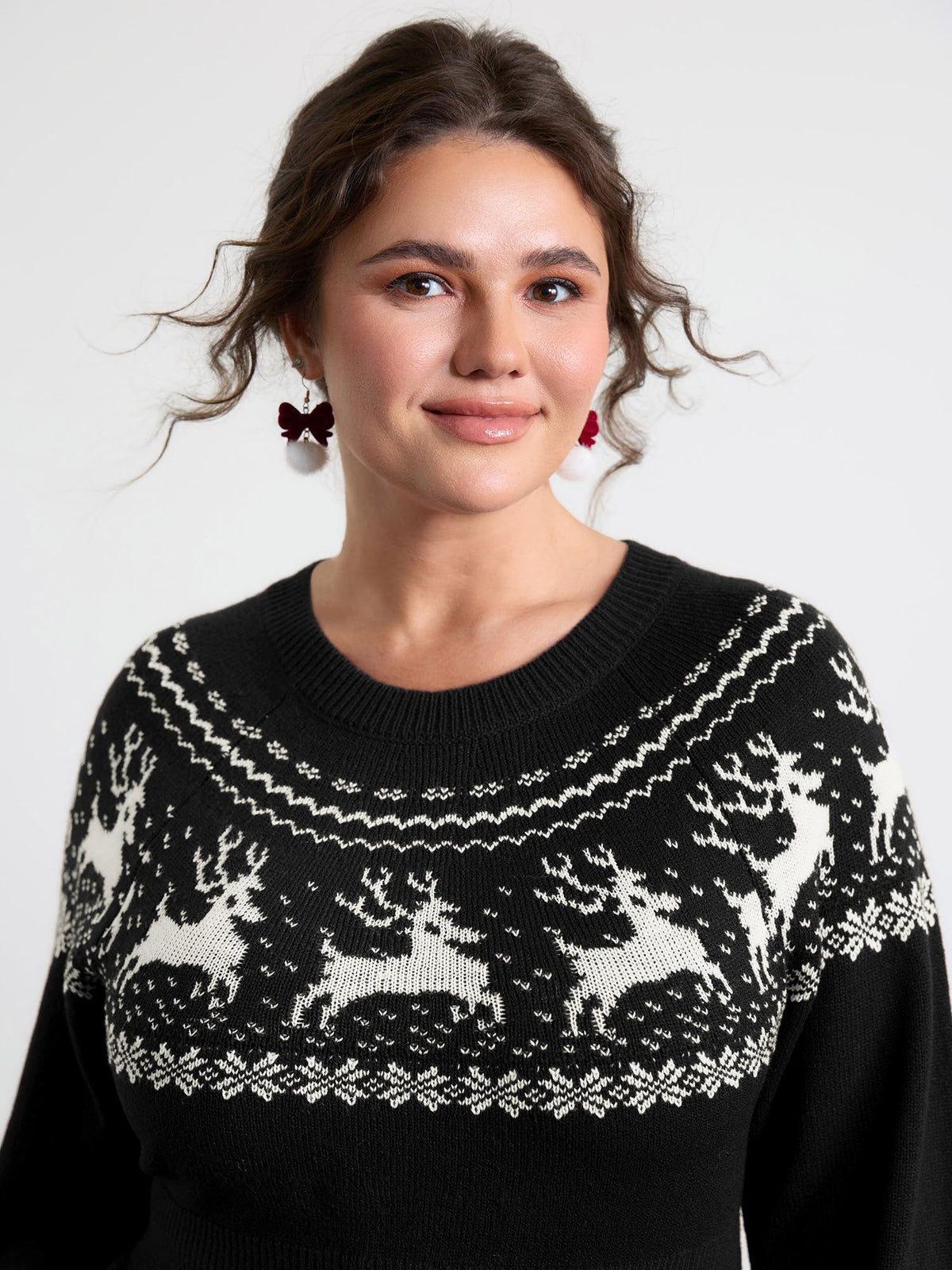 Reindeer Print Cinched-Waist Sweater Mini Dress