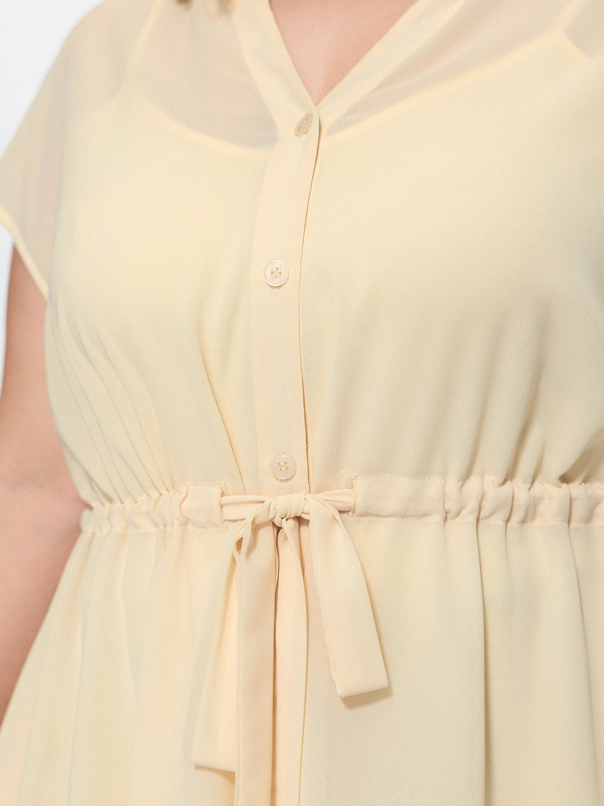 Sheer Drawstring Waist Notched Collar Blouse