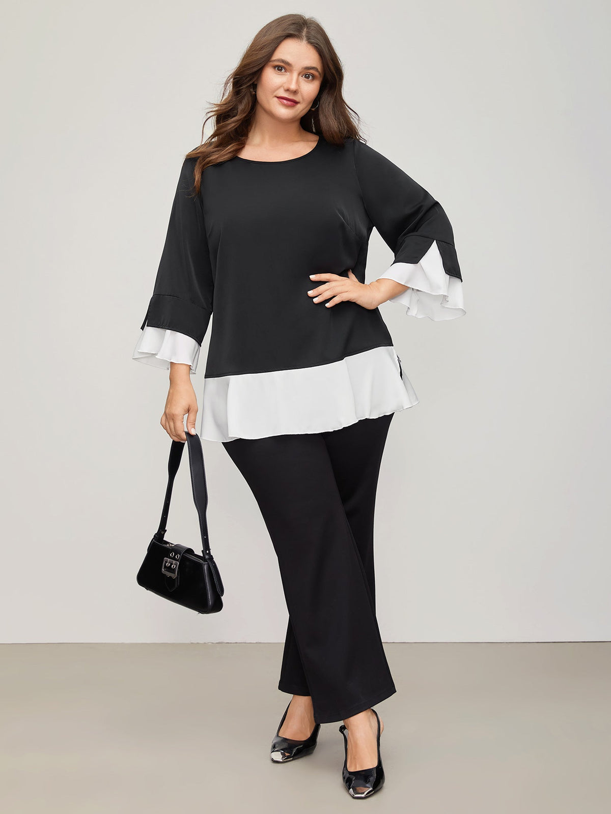 Contrast Patchwork Bell Sleeve Blouse