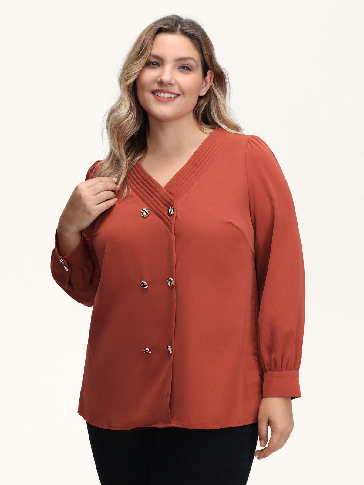 Pleated Neckline Metallic Buttons Blouse