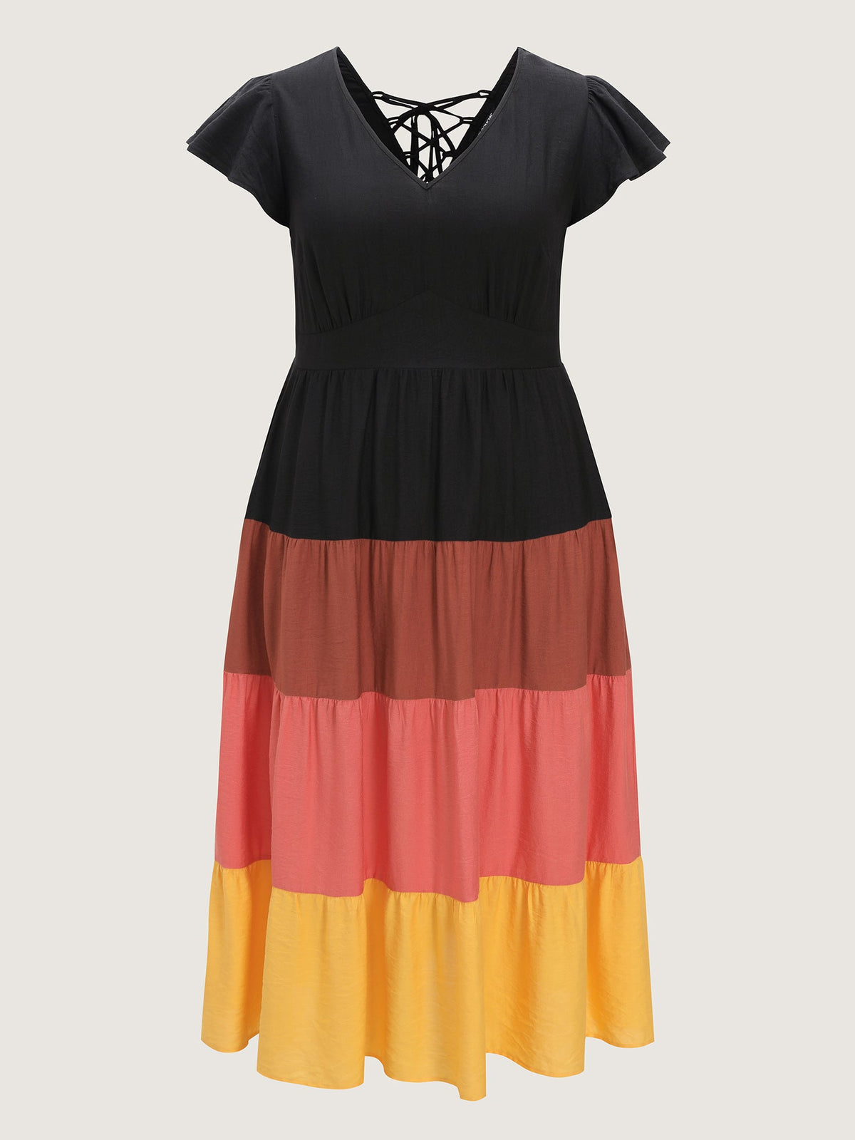 Colorblock Tiered Ruffled Sleeve Maxi Dress