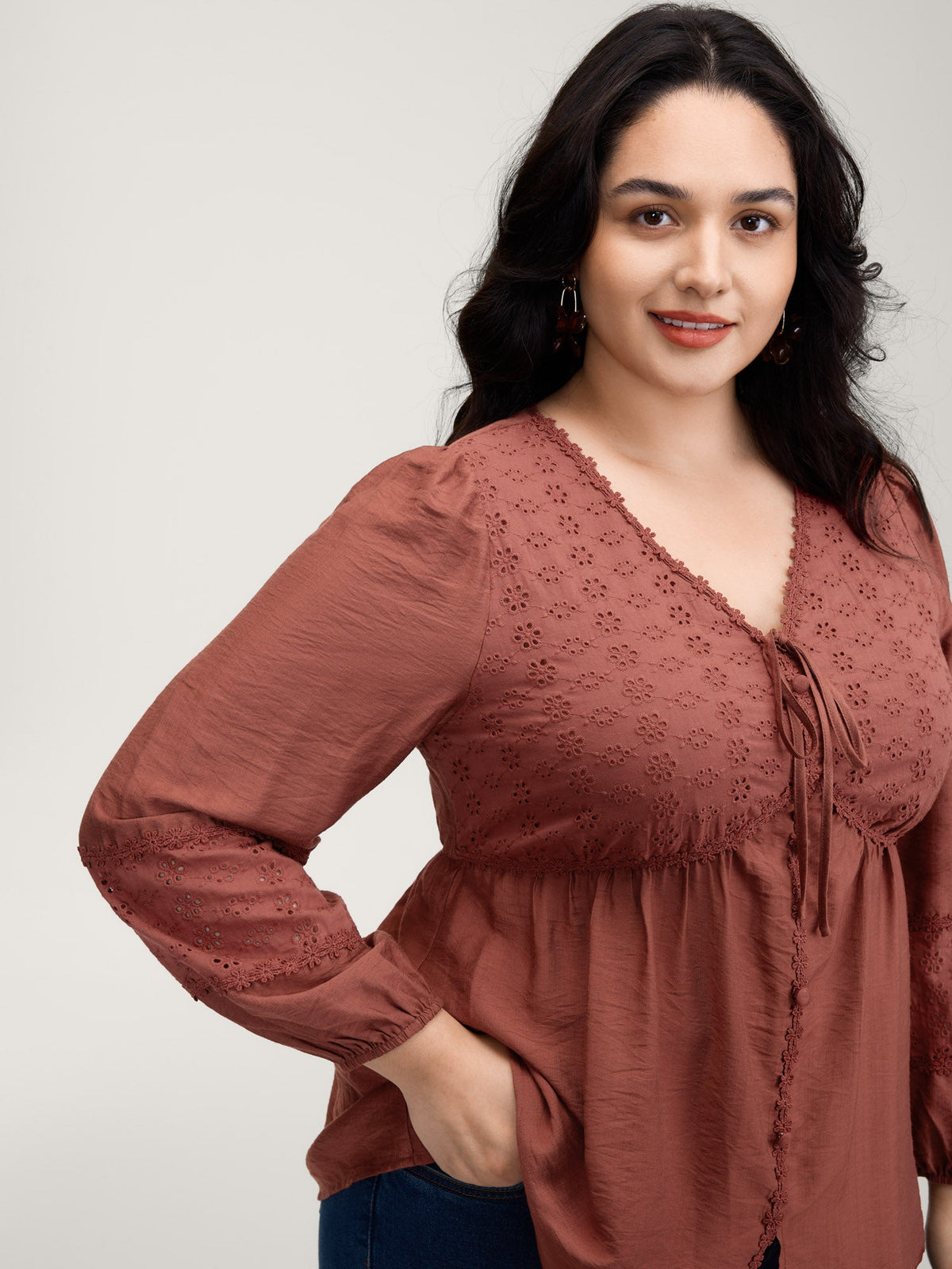 Lace Trim High-Waist Neck Tie Blouse