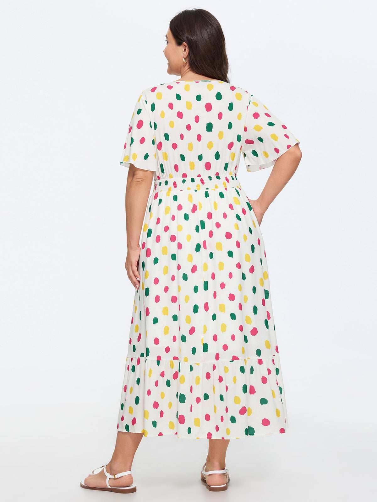 Supersoft Colorful Polka Dots Shirred Waist Midi Dress