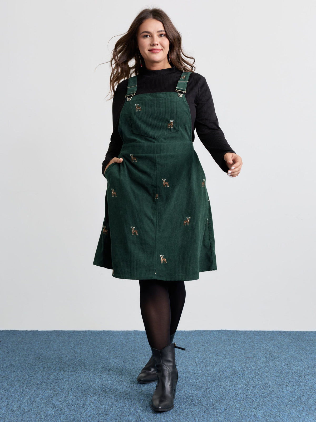 Corduroy Embroidered Adjustable Straps Knee Dress
