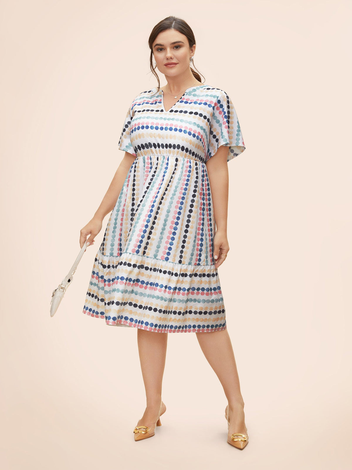 Dot Print Elastic Waist Split Neck Mini Dress