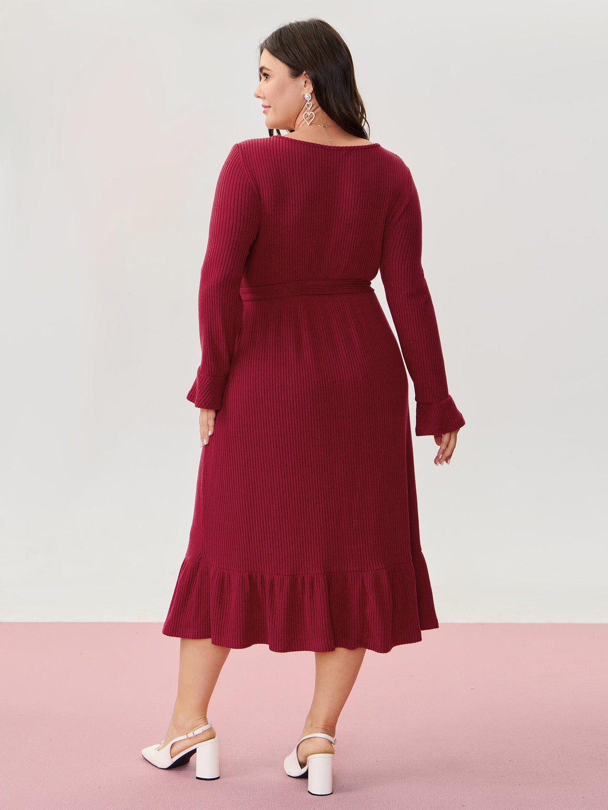 Textured Belted Waist Button Midi Dress
