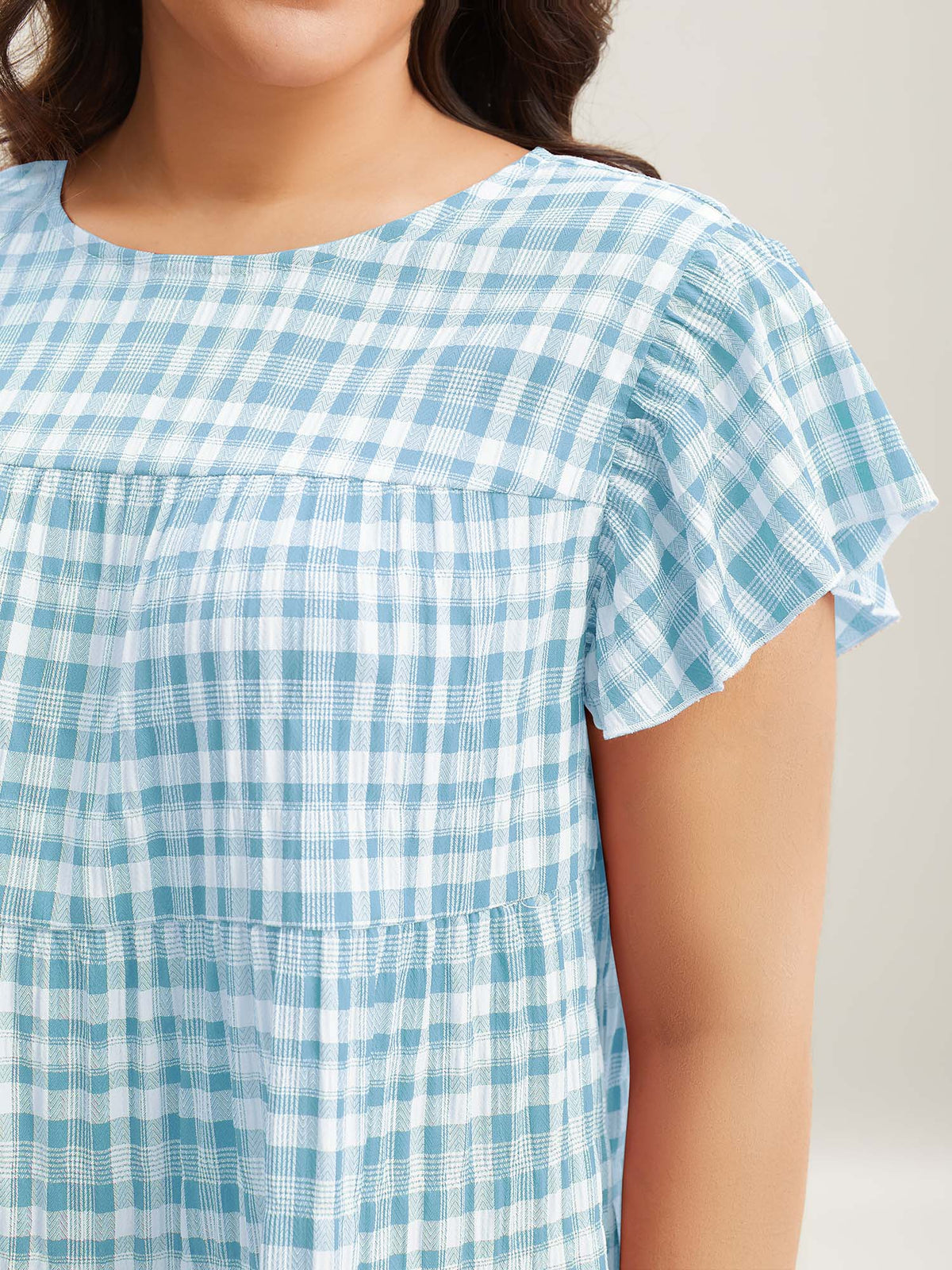 Plaid Print Textured Lotus Leaf Sleeve Shirt