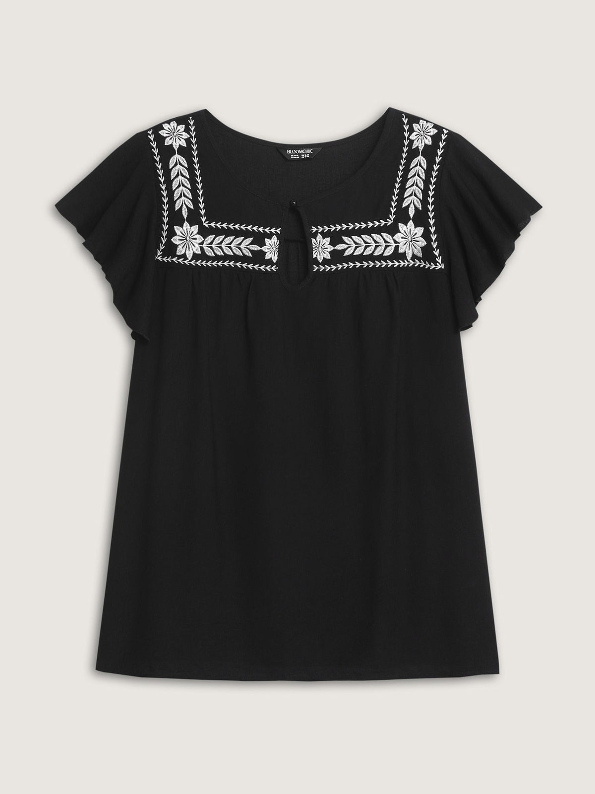 Embroidered Neckline Flutter Sleeve Blouse