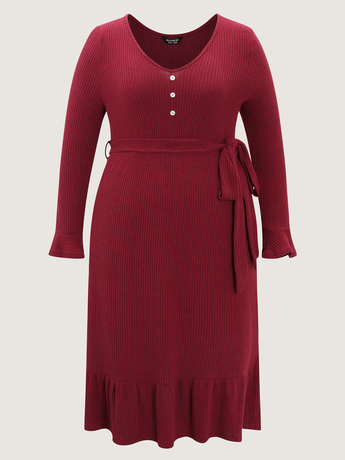 Textured Belted Waist Button Midi Dress