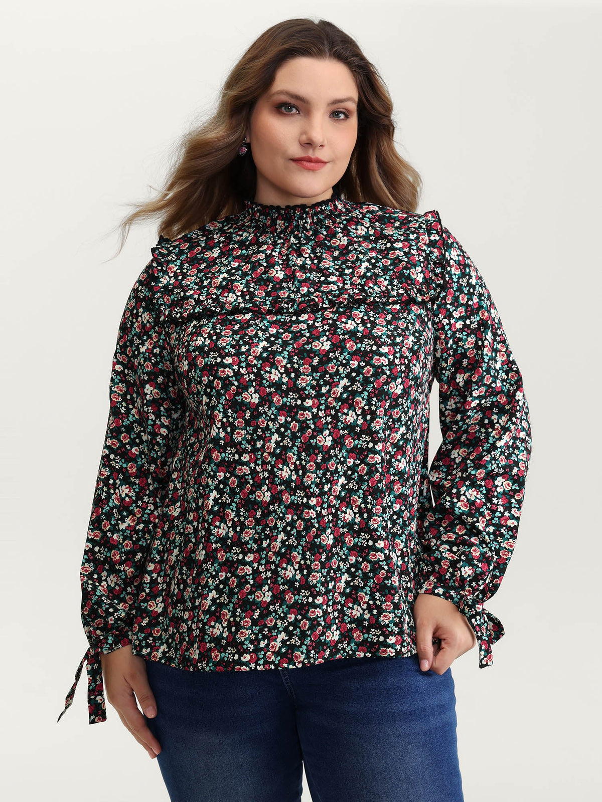 Floral Print Shirred Sleeve Tie Blouse