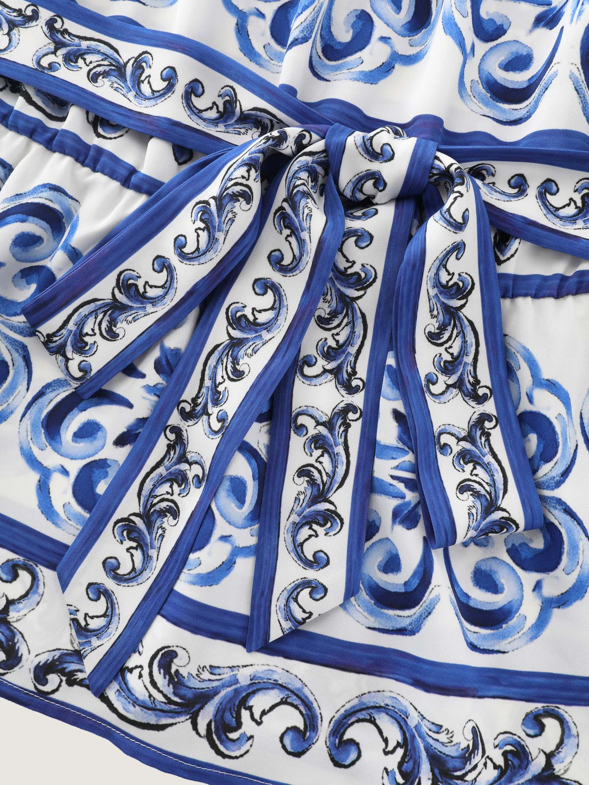 Majolica Print Stretchy Waist Belted Blouse