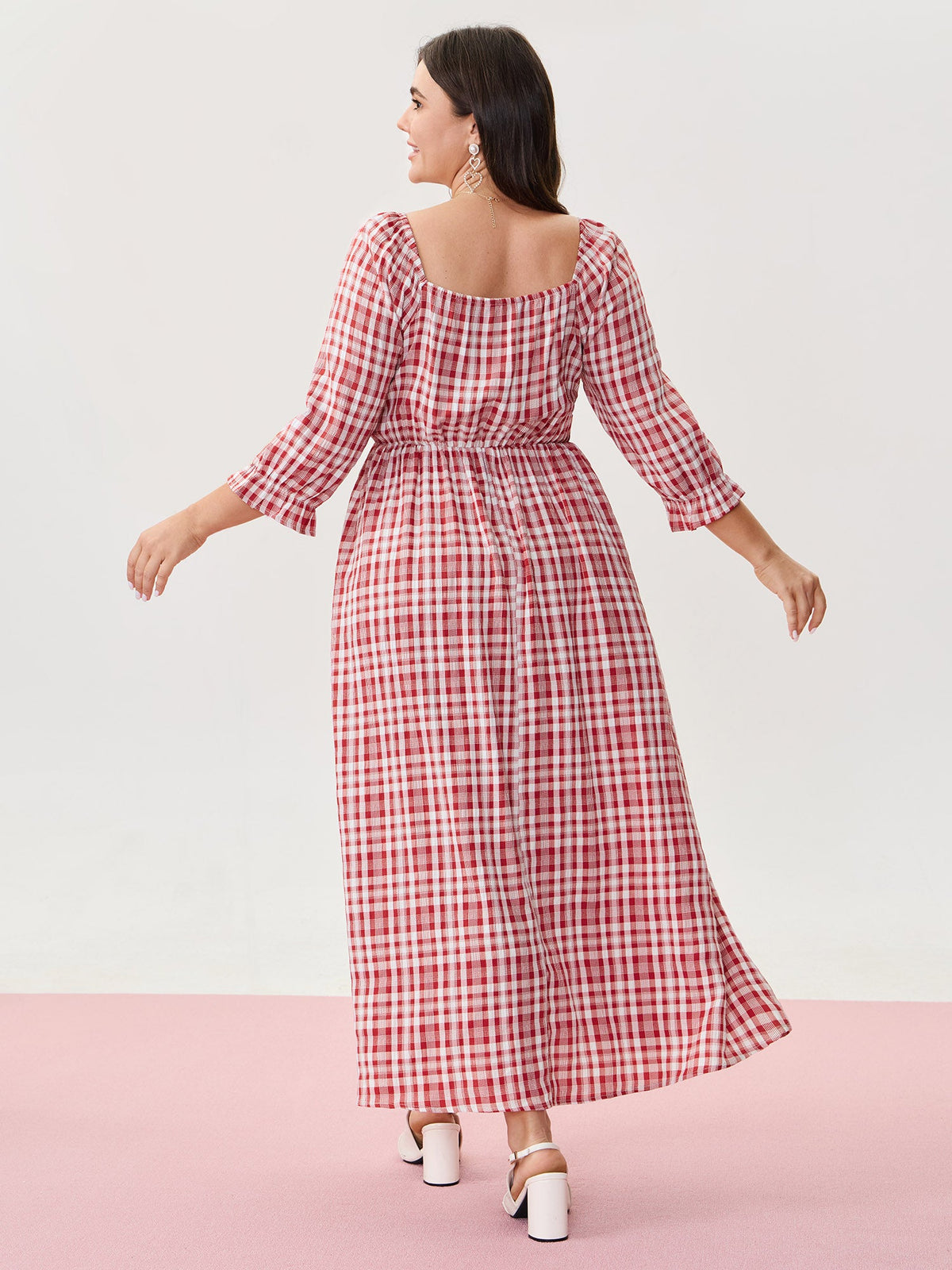 Checkered Print Pockets Button Maxi Dress