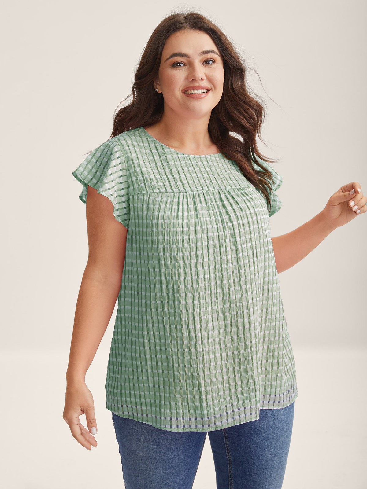 Textured Sheer Lined Flutter Sleeve Blouse