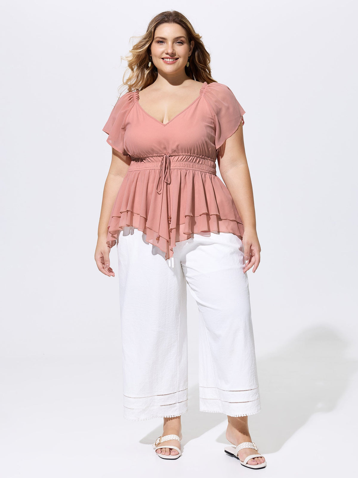 Shirred Waist Layered Ruffled Hem Blouse