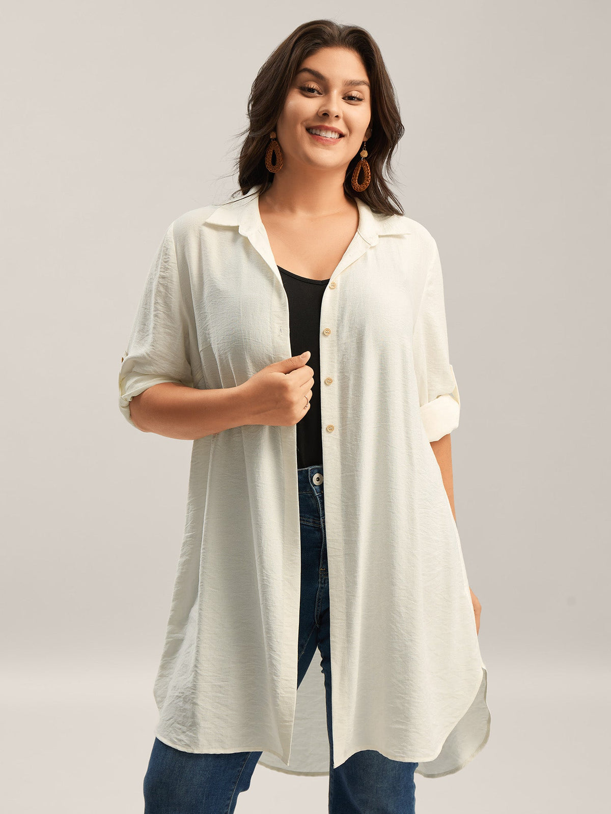 Front-Open Long Basic Blouse