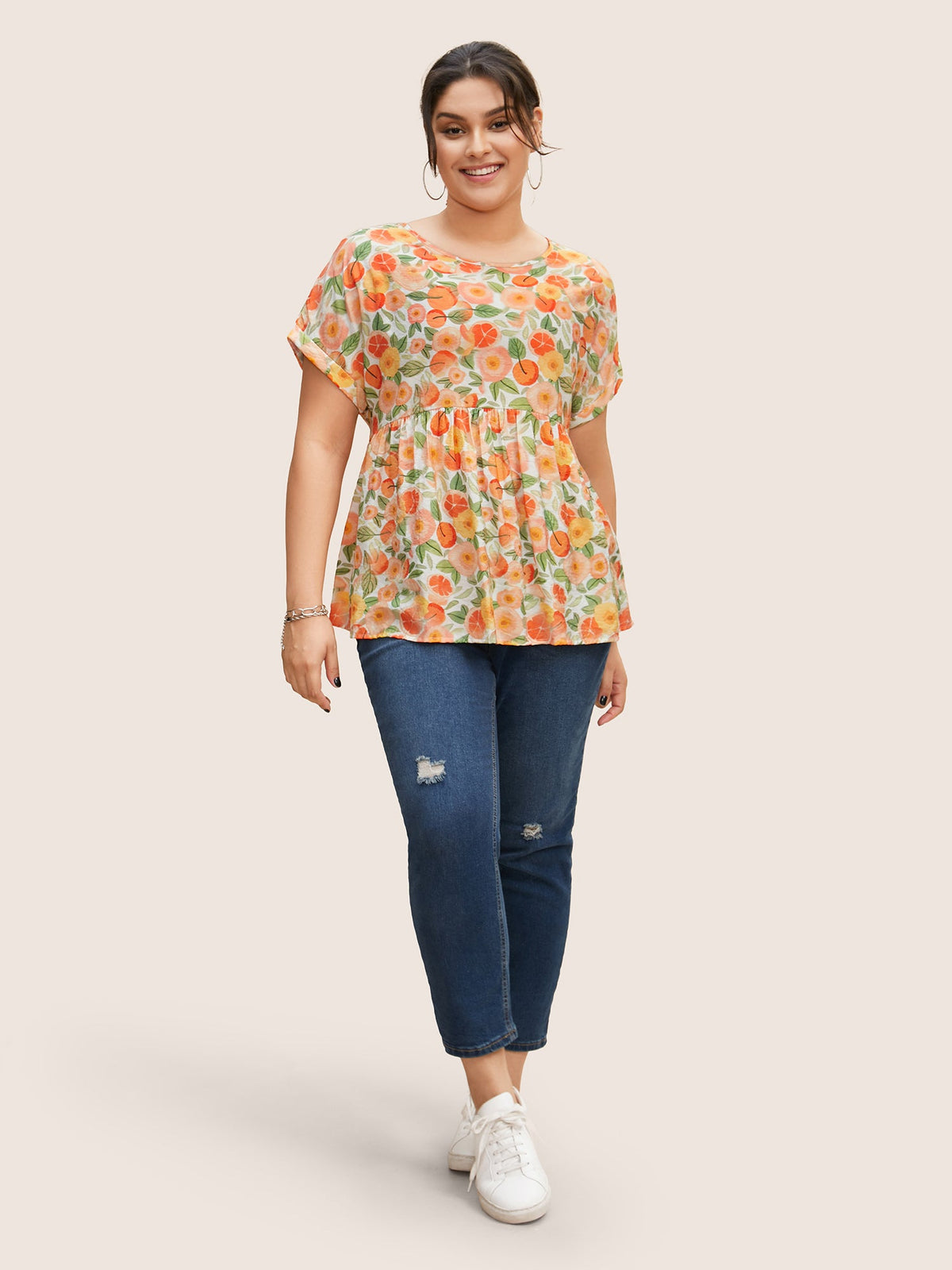 Fruit Print Curved Hem Batwing Sleeve Blouse