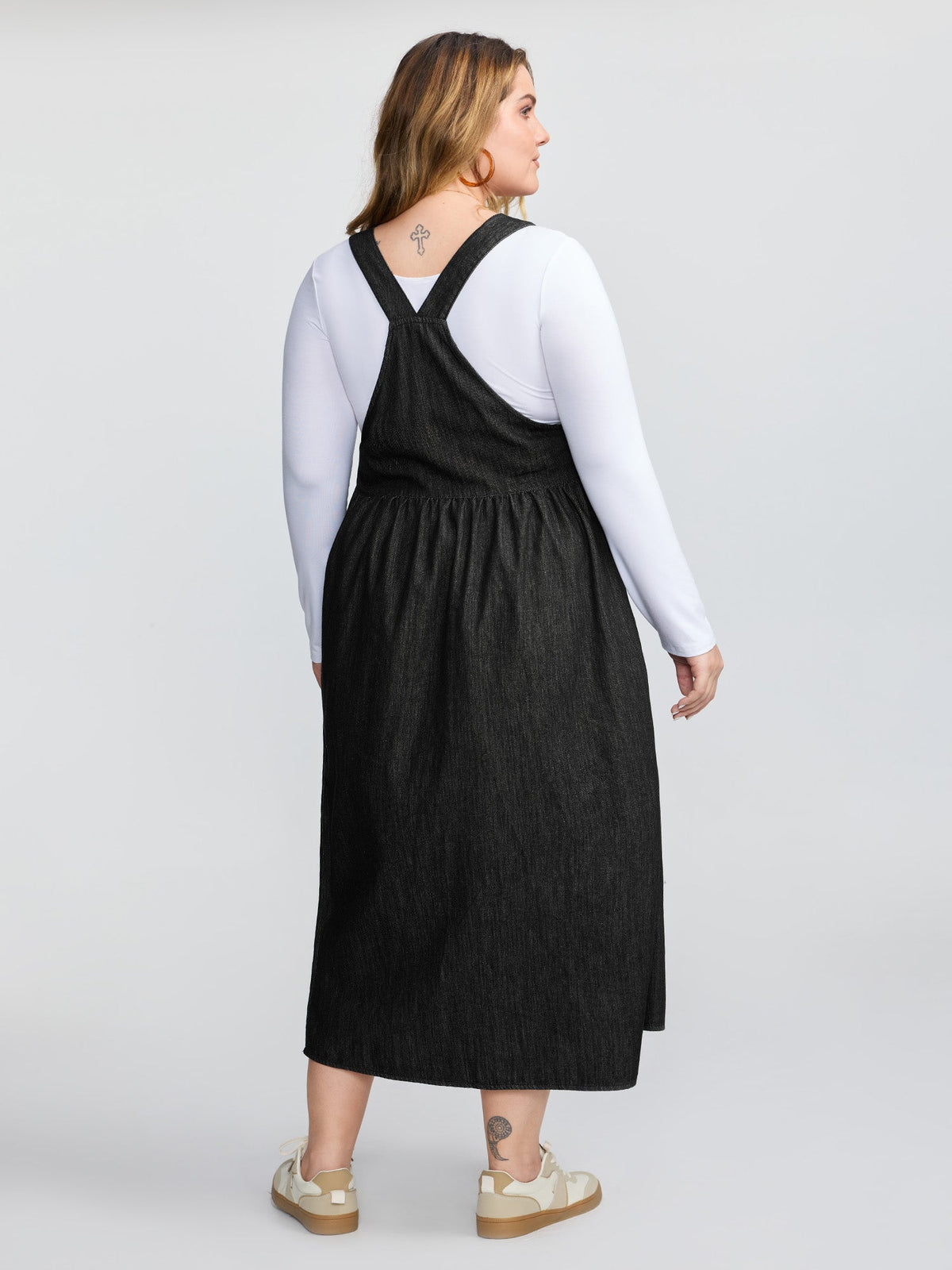 Denim Adjustable Overall Straps Pockets Midi Dress