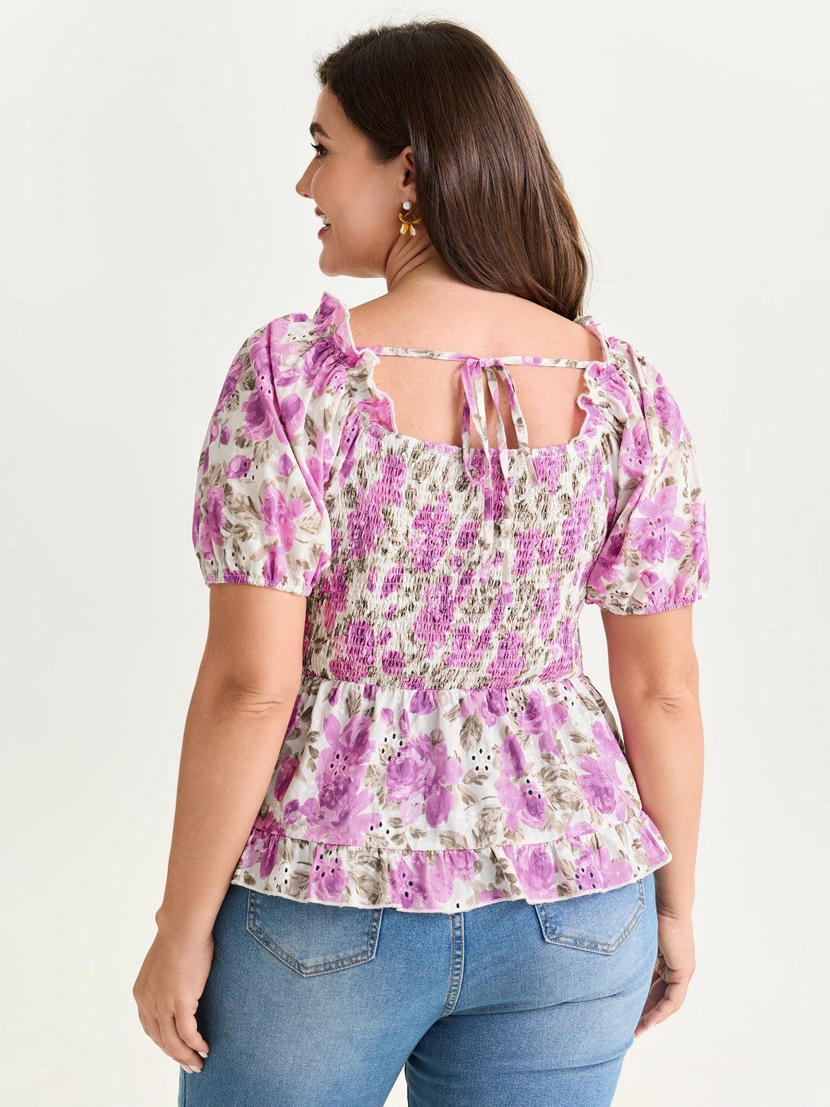 Cotton Floral Print Shirred Adjustable Bust Blouse