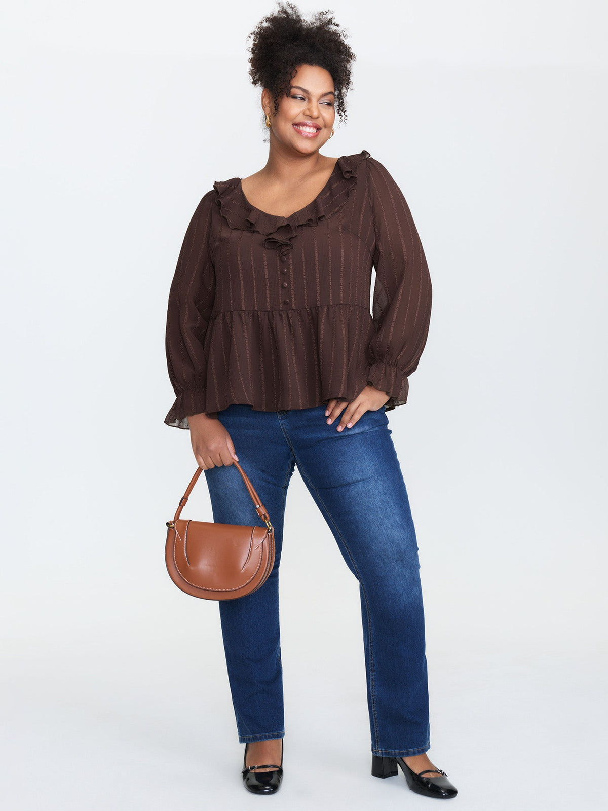 Textured Chiffon Ruffled Neckline Blouse