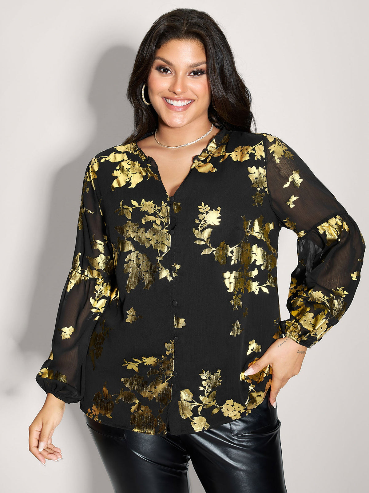 Floral Gold Stamp Sheer Button-Down Shirt