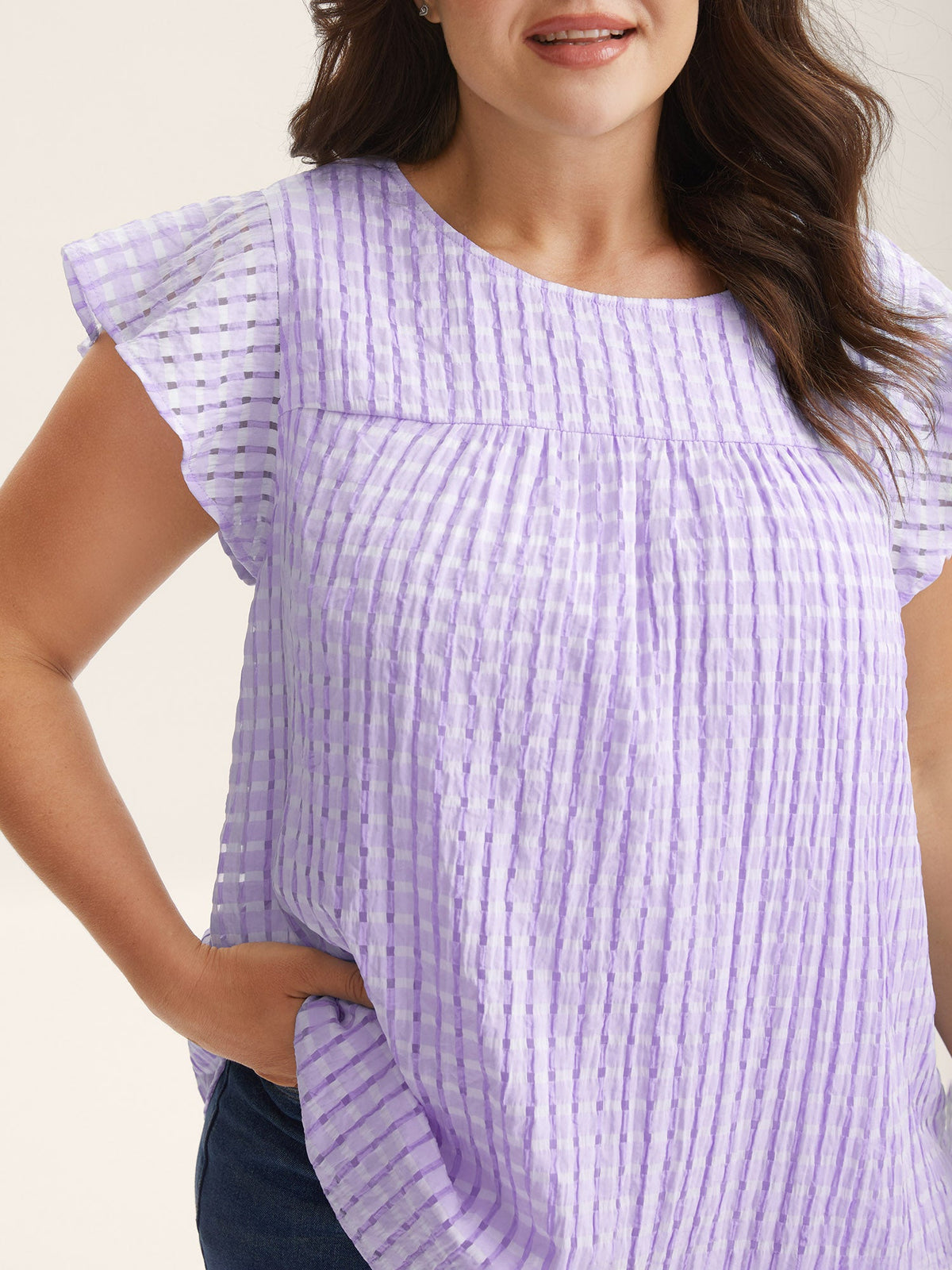 Textured Sheer Lined Flutter Sleeve Blouse