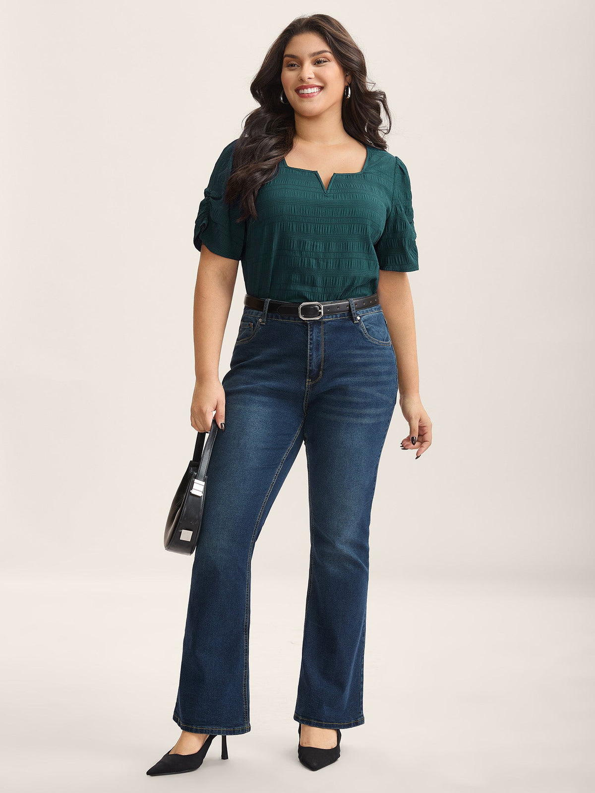 Textured Gathered Sleeve Split Neck Blouse