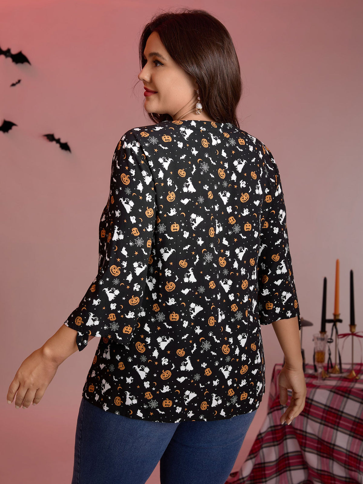 Rayon Halloween Print Neck Tie-Up Blouse