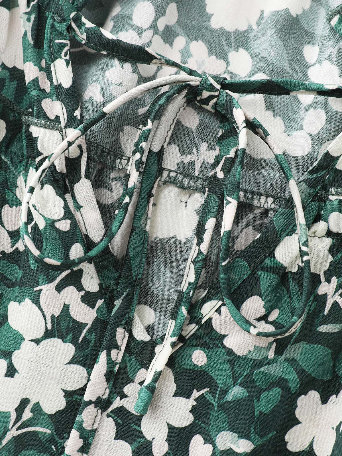 Floral Shirred Sleeve Drawstring Neckline Blouse