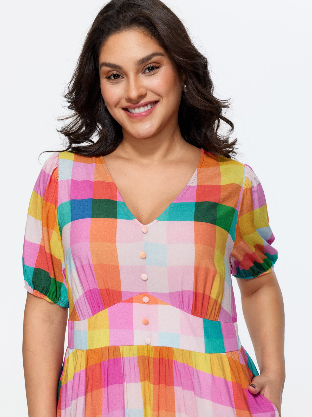 Colorblock Plaid Print Shirred Waist Front Button Midi Dress
