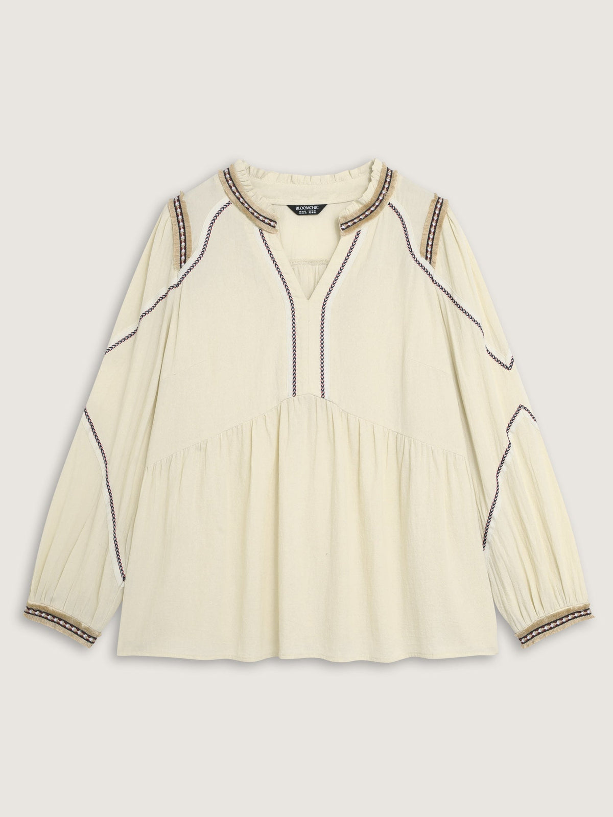 Cotton Contrast Webbing Notched Collar Blouse