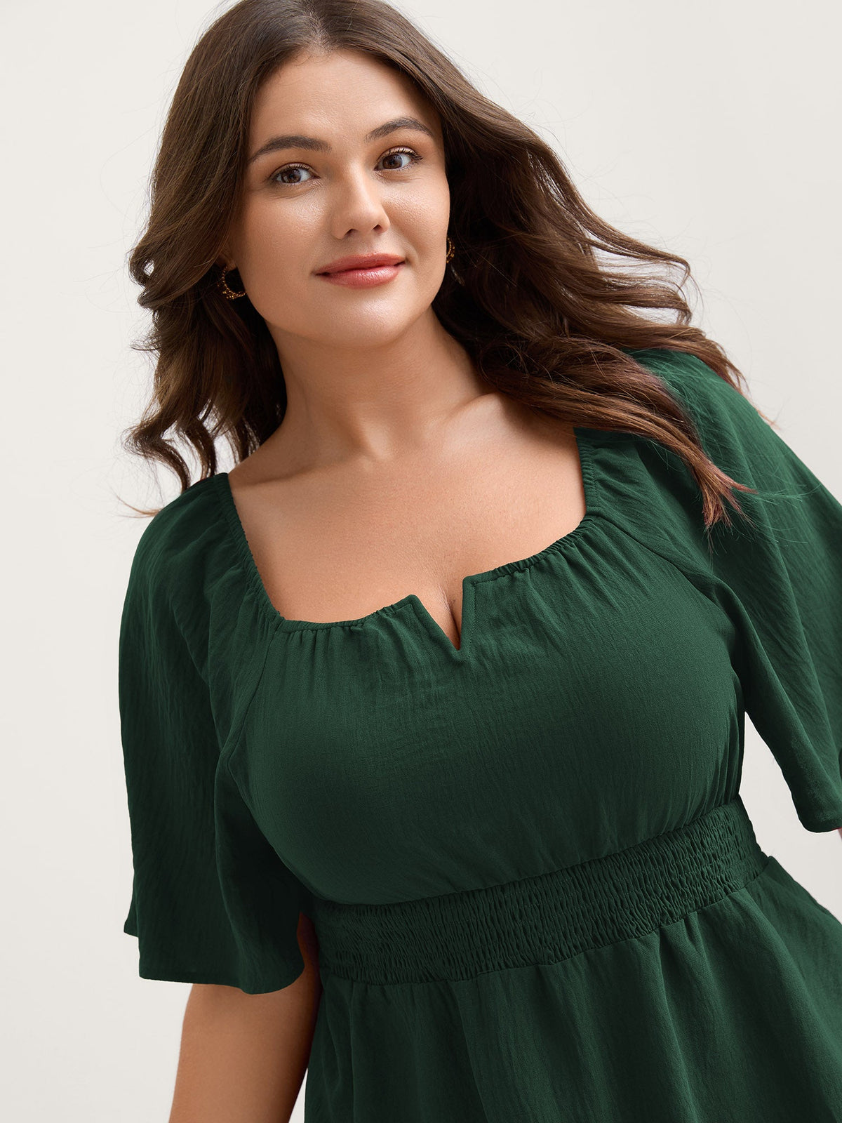 Stretchy Neckline Waist-Cinched Solid Blouse