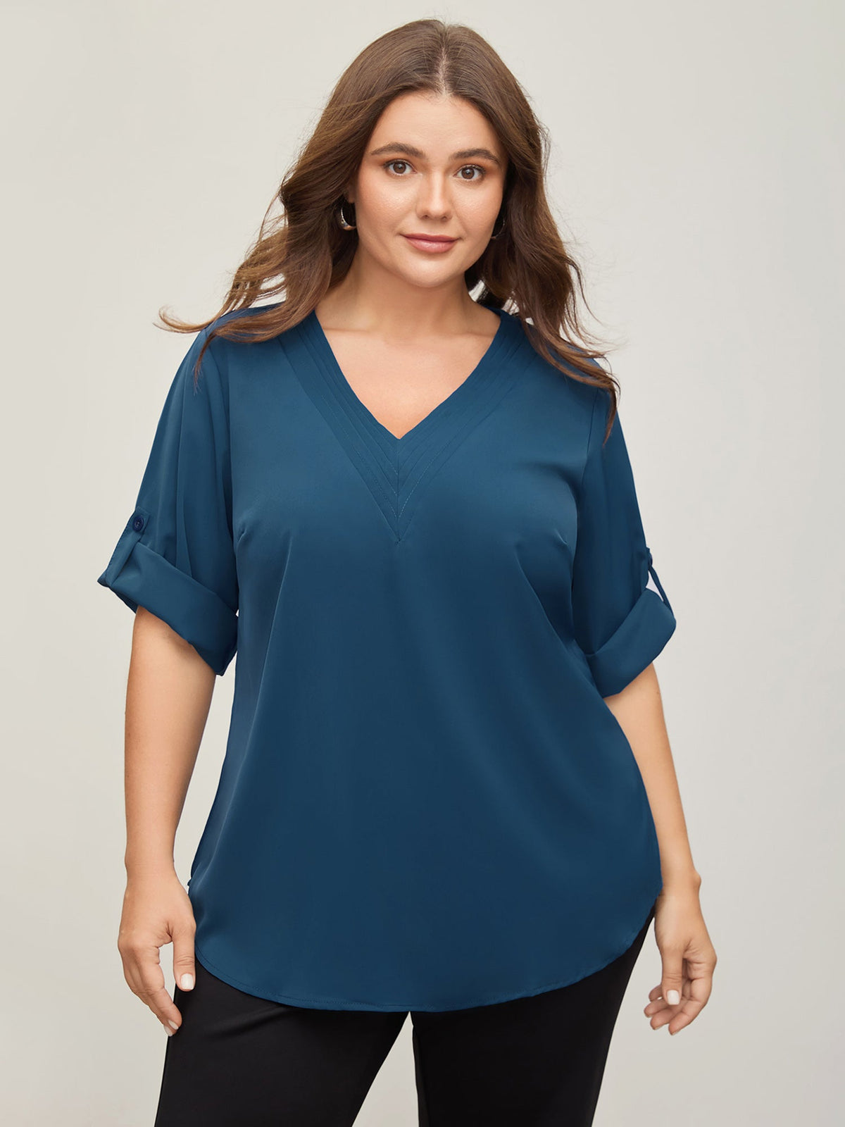 V Neck Plain Pleated Tab Sleeve Blouse