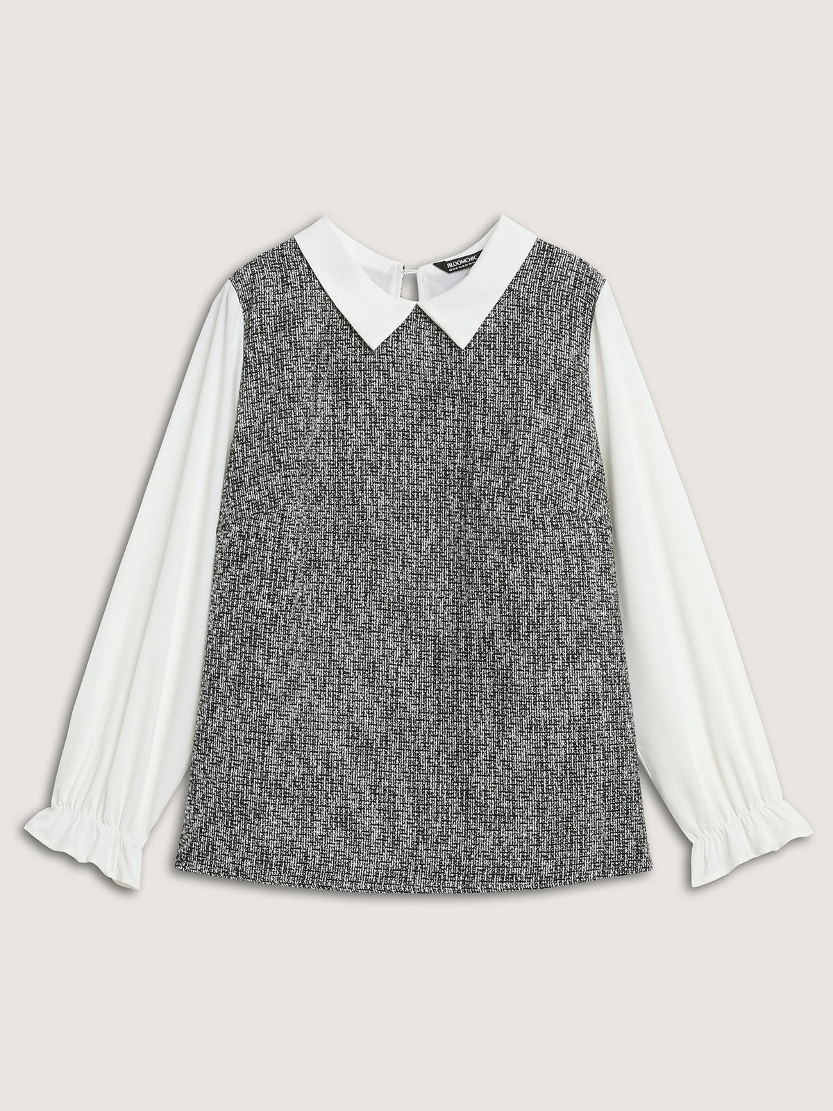 Tweed Patchwork Lantern Sleeve Blouse