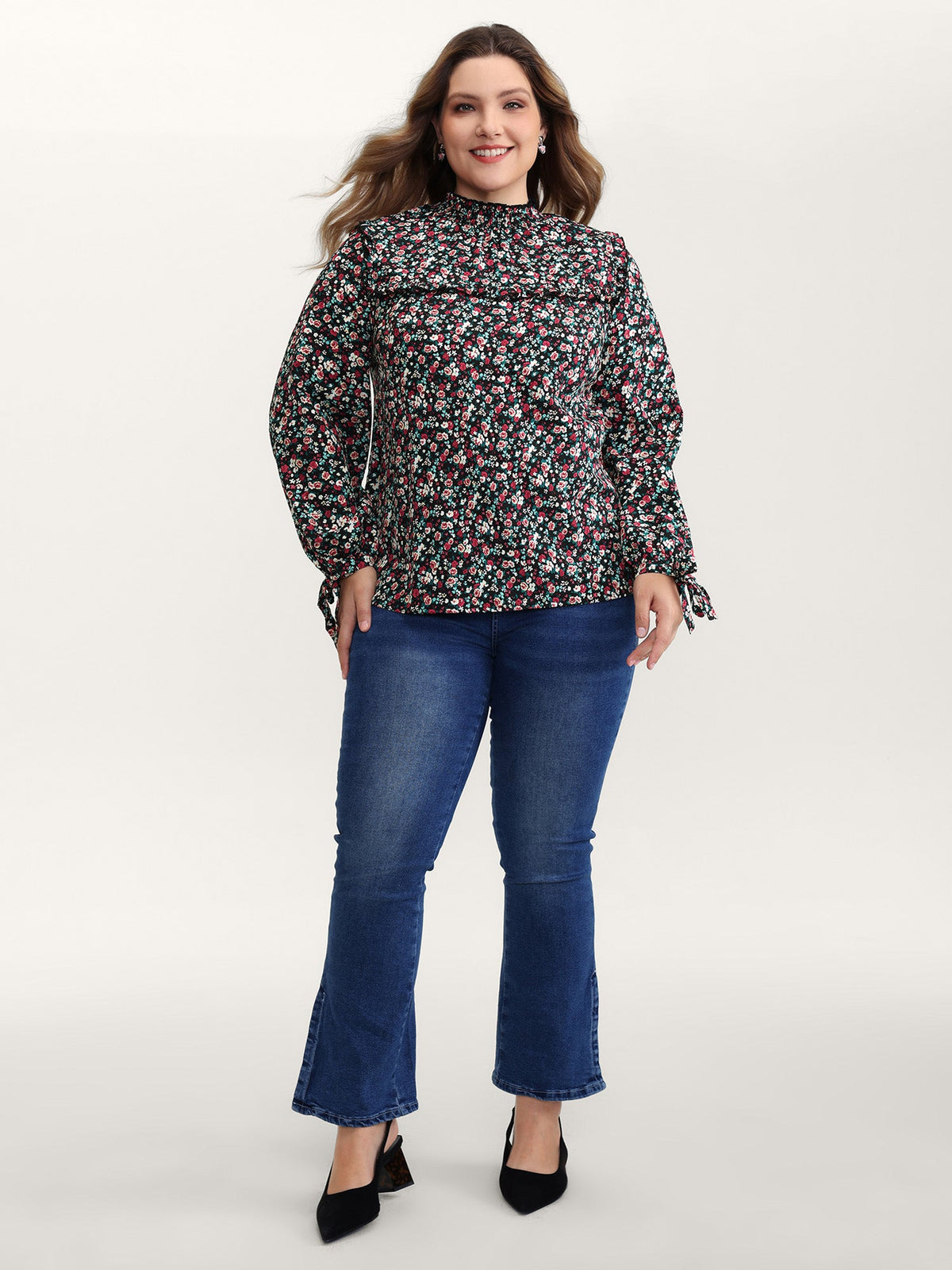 Floral Print Shirred Sleeve Tie Blouse