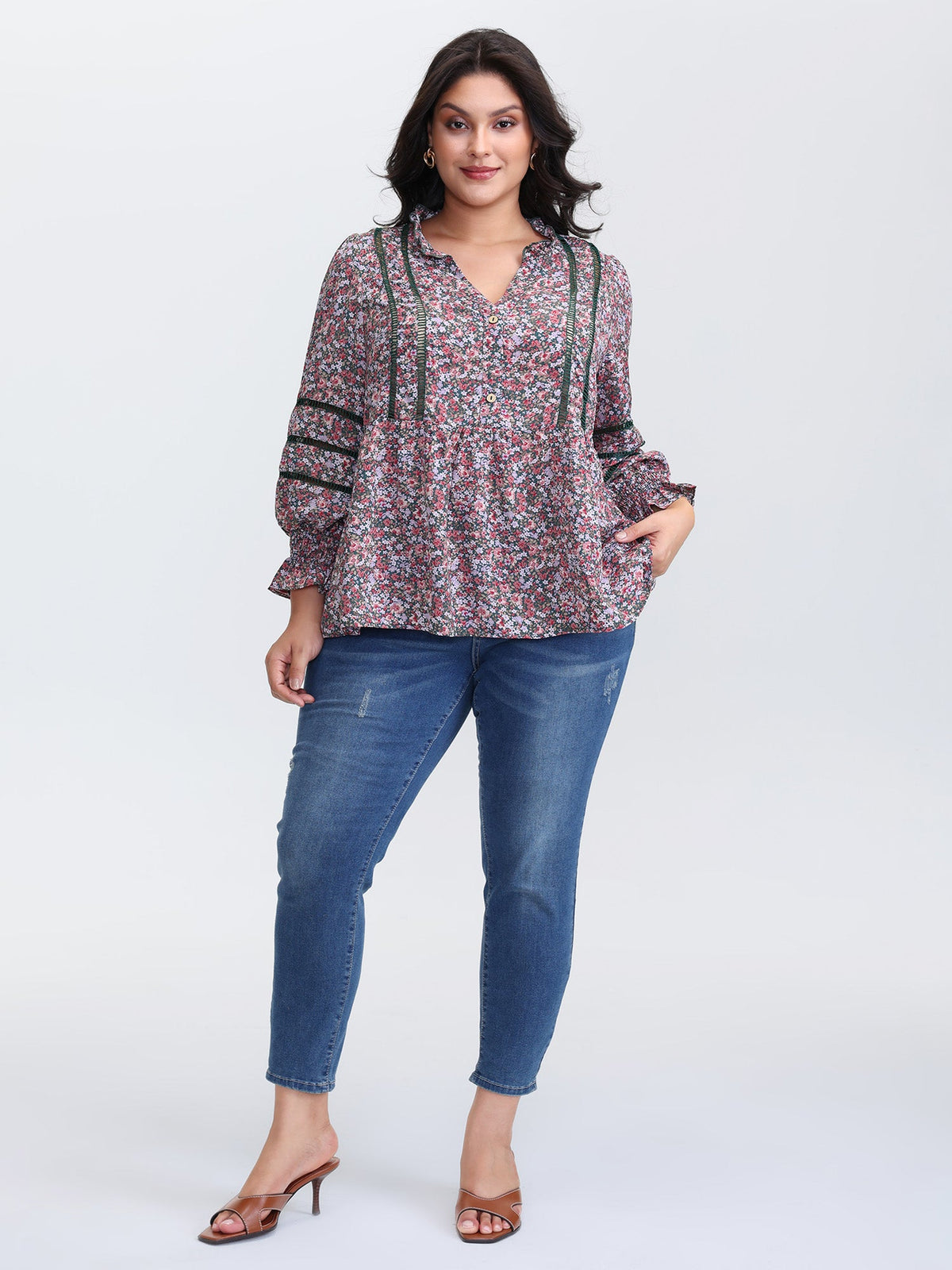 Floral Print Lace Trim Placket Blouse