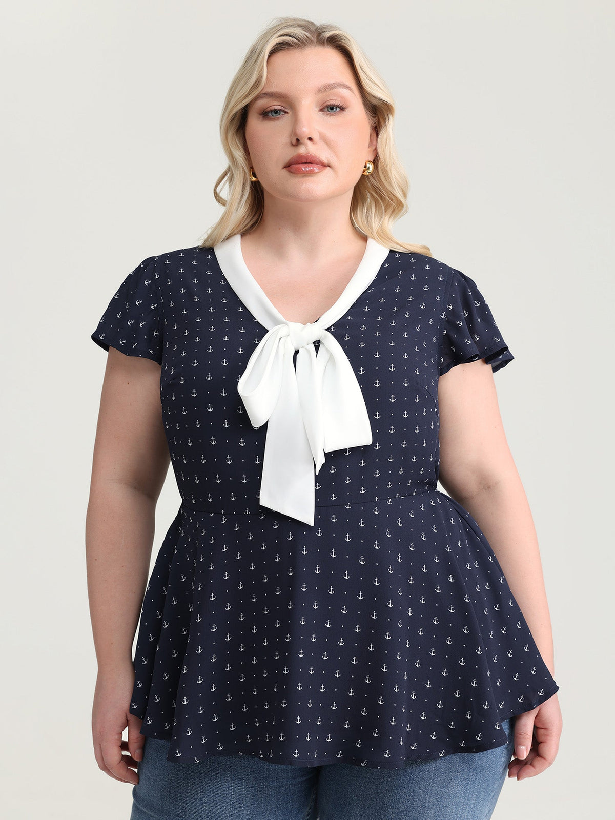 Color Contrast Ribbon Neckline Blouse