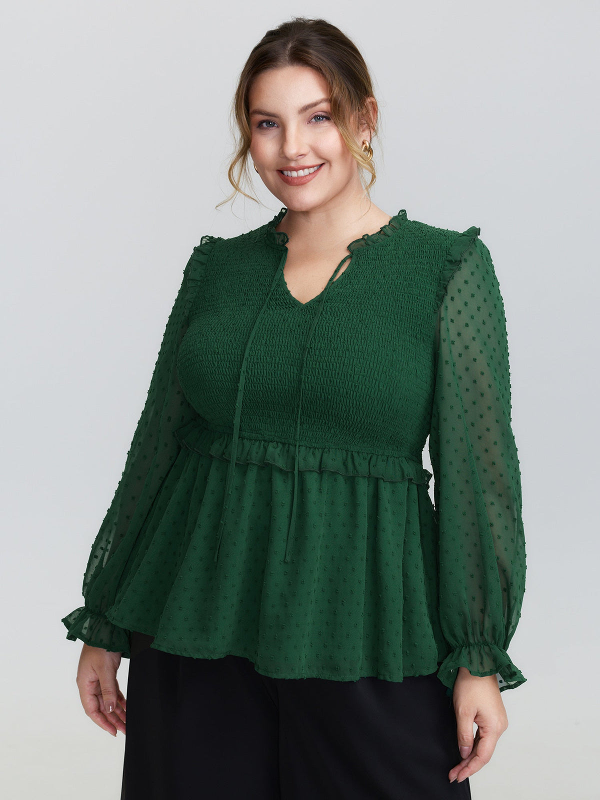 Shirred Textured Neck-Tie Blouse