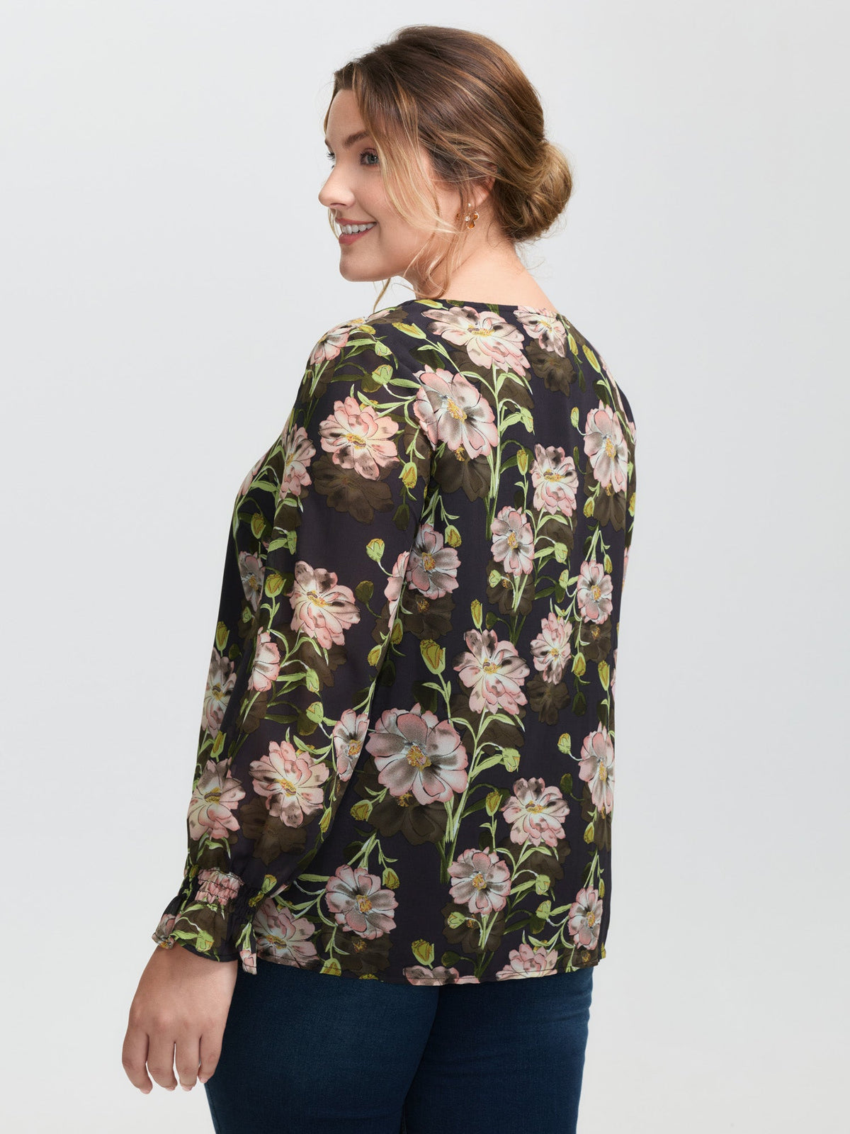 Sheer Floral Ruffled Cuff Metal Detail Blouse