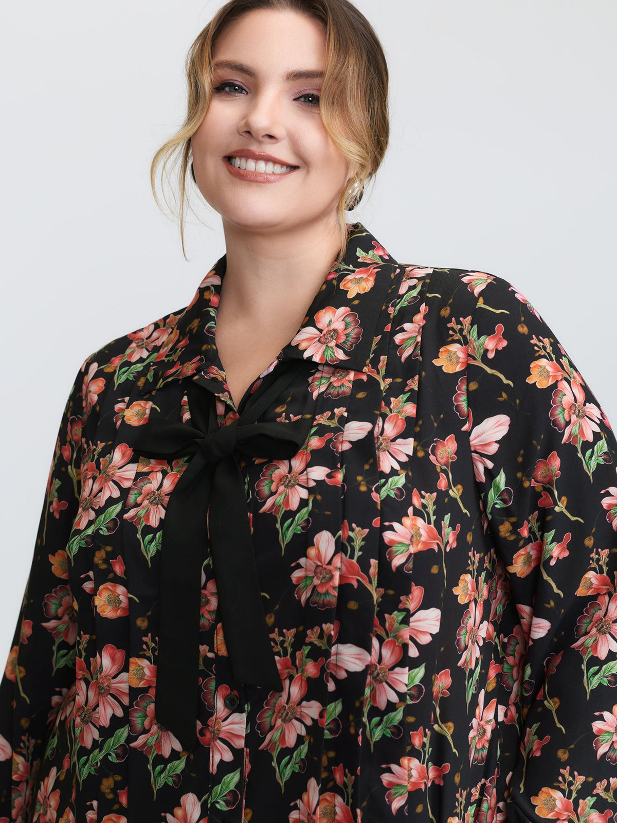 Floral Print Pleated Bow Button-Down Shirt