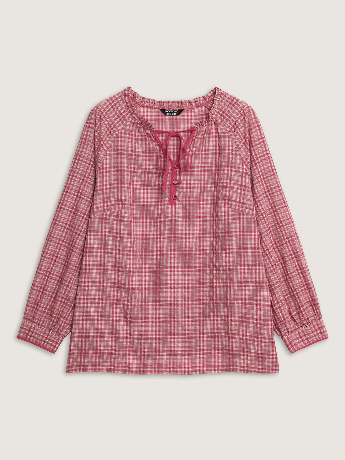 Gingham Print Ruffled Neck-Tie Blouse