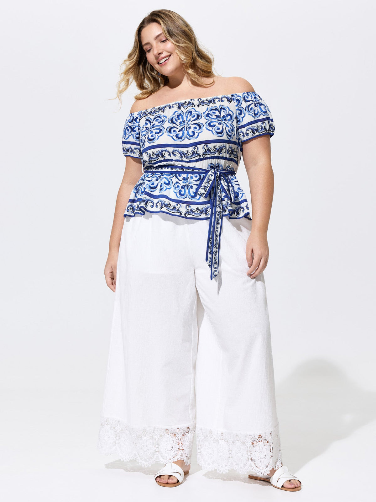 Majolica Print Stretchy Waist Belted Blouse