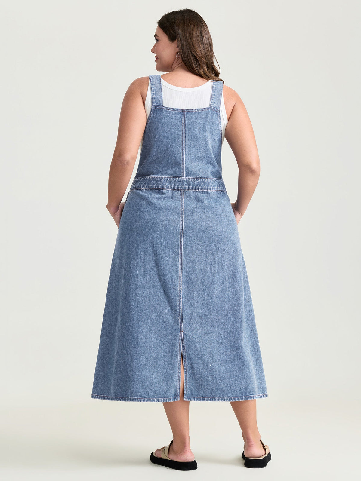 Cotton Adjustable Back Slit Overall Midi Denim Dress