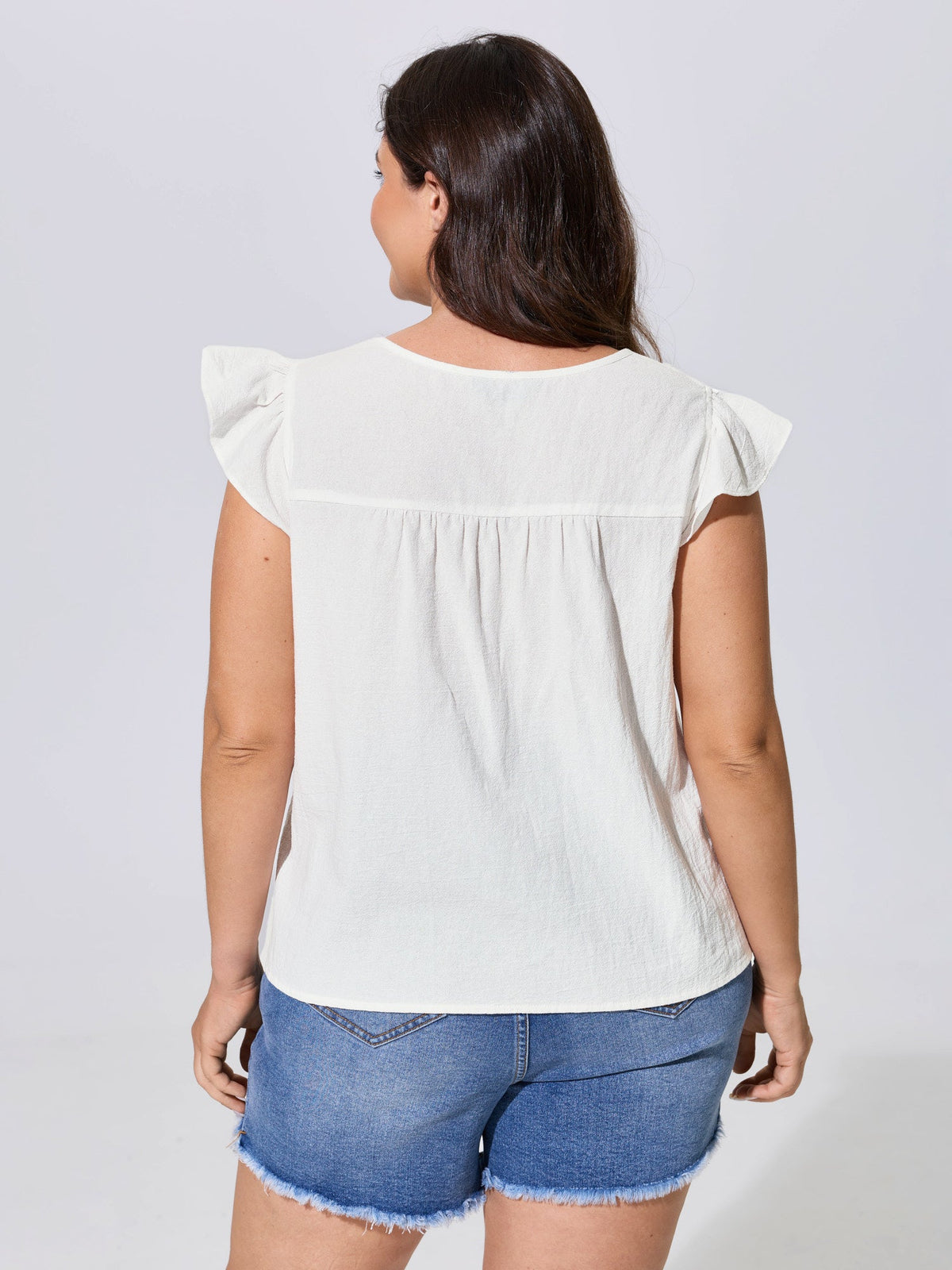 Cotton Floral Embroidered Flutter Sleeve Plain Blouse