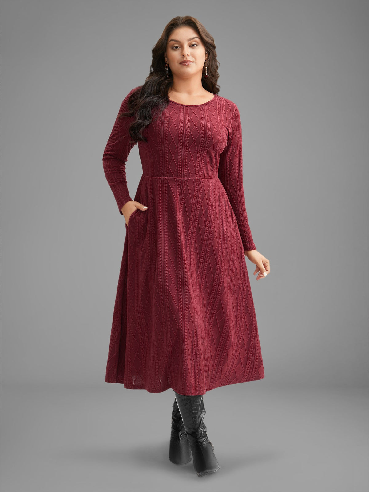Textured Knit Fit-And-Flare Midi Dress