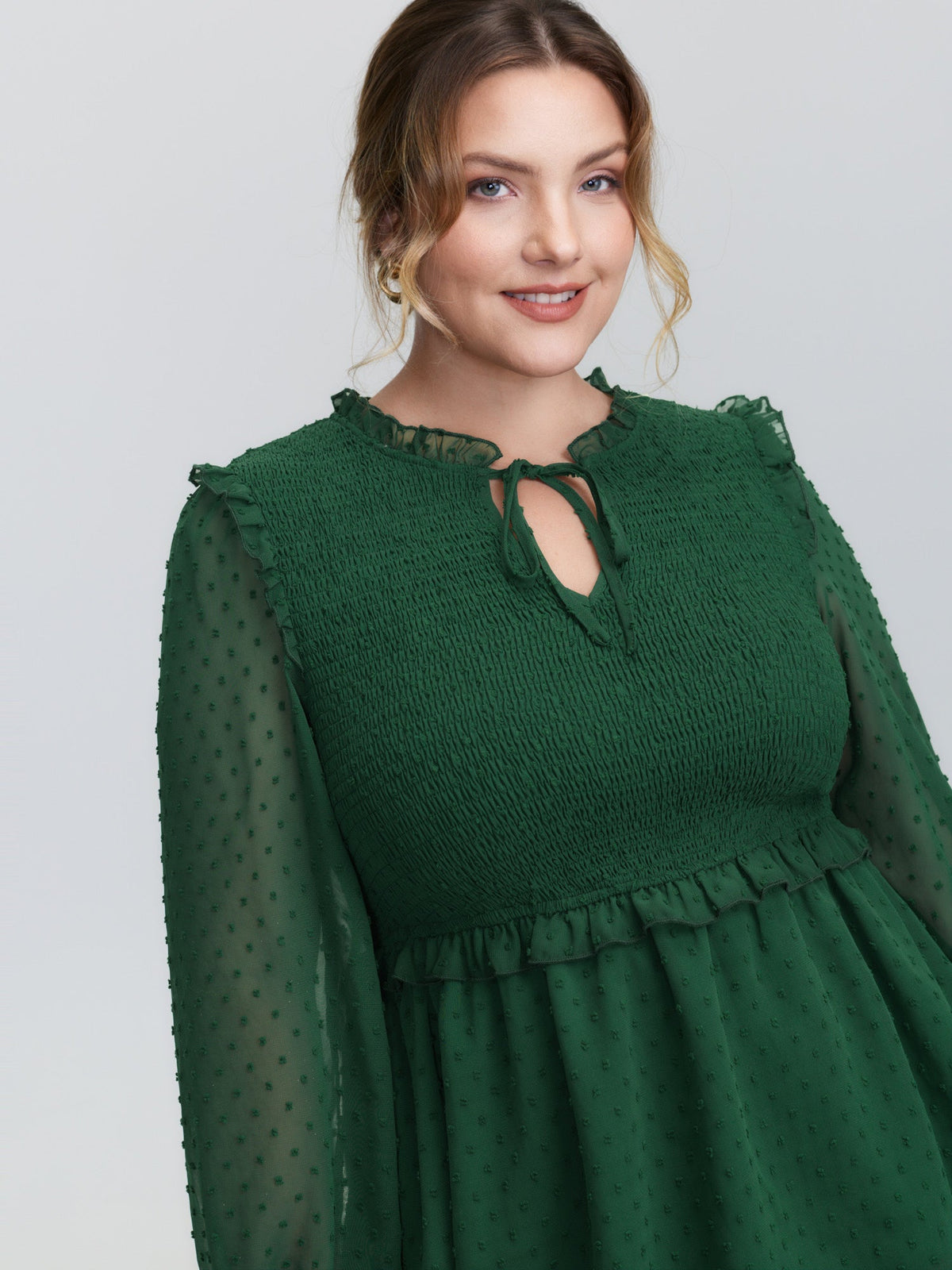 Shirred Textured Neck-Tie Blouse