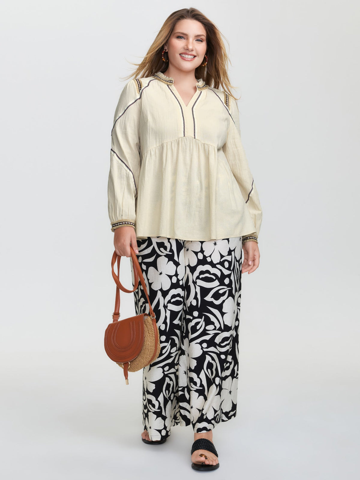 Cotton Contrast Webbing Notched Collar Blouse